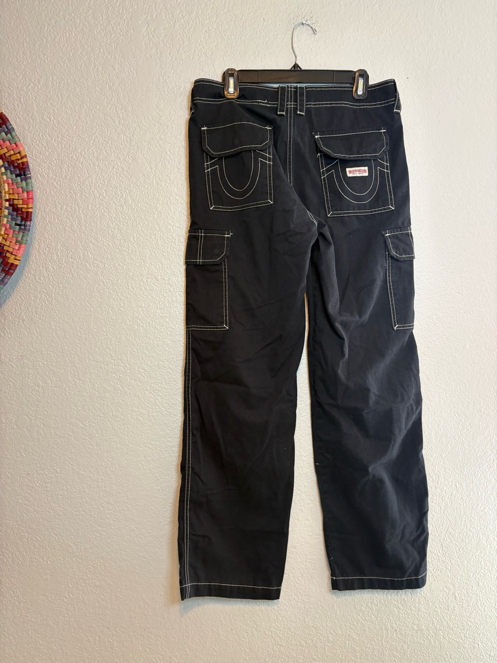 True Religion Cargo Pants Mens 28 Black Canvas Embroidered Logo Streetwear